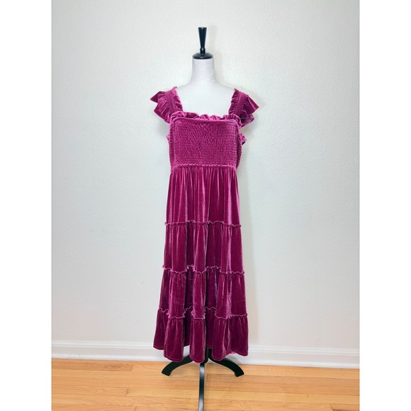 crown & ivy Dresses & Skirts - NEW Crown & Ivy Pink Velvet Tiered Ruffle Smocked Sleeveless Midi Dress Size XL
